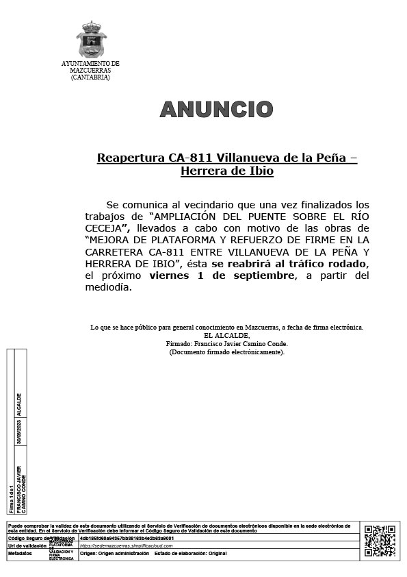 REAPERTURA CARRETERA CA-811 VILLANUEVA DE LA PEÑA - HERRERA DE IBIO